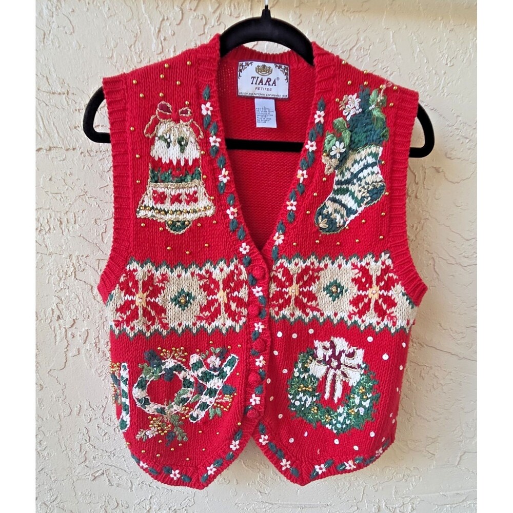 Tiara Petites Women’s Christmas Fair Isle Chunky Knit Sweater Vest LARGE Ugly
